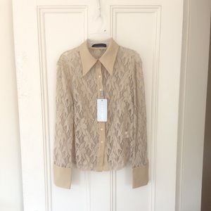 Sheer Lace Button Down Shirt Elegant Work/Evening